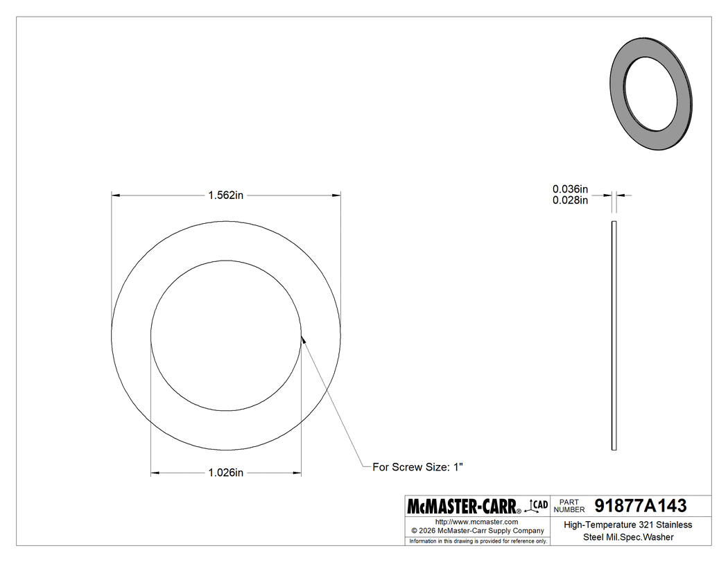 Technical Drawing of High-Temperature 321 Stainless Steel Mil.Spec.Washer, for 1" Screw Size, 1.026" ID, 1.562" OD, MS9549-19.